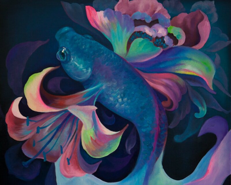Blue Fish Among Flowers