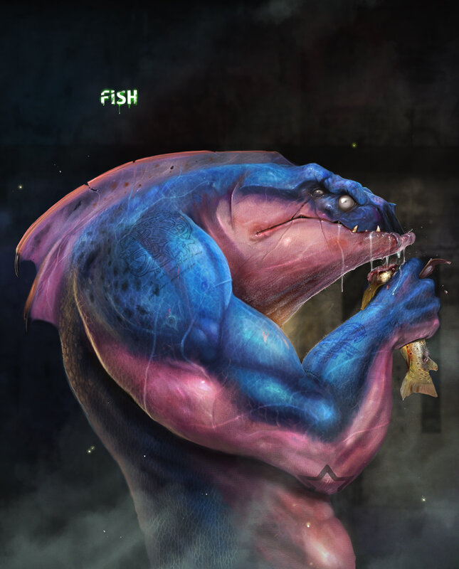 Blue fish-like creature eating a fish