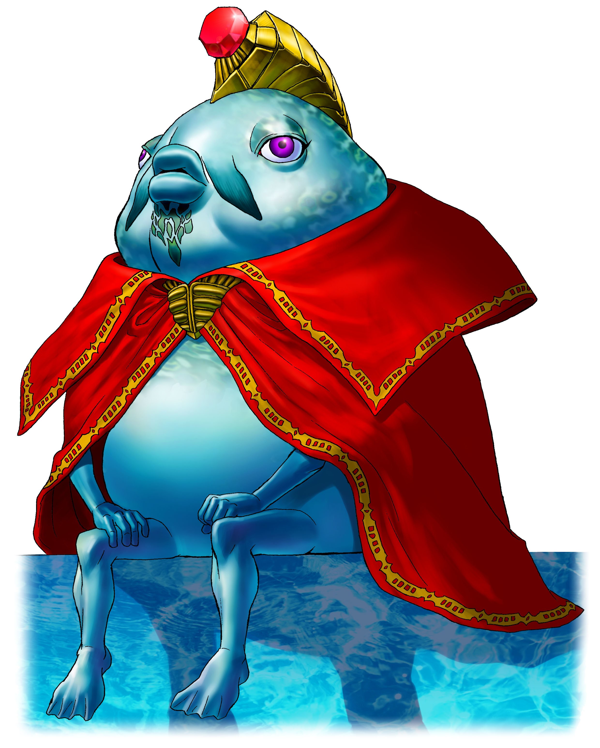 blue fish-like creature in red cloak