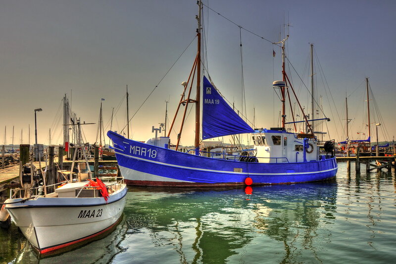 Blue Fishing Boat — Calm, Sunset