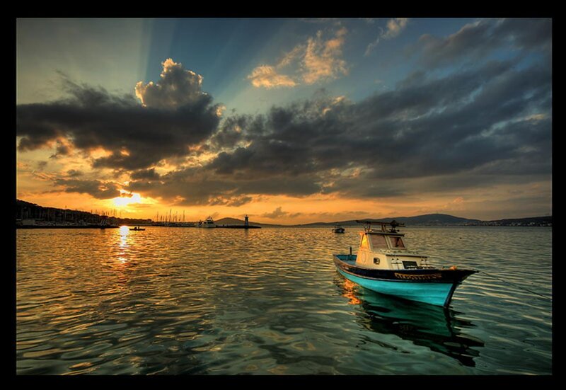 Blue Fishing Boat — Dramatic, Sunset, Photograph
