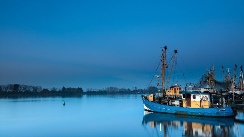 Blue Fishing Boat — Serene, Night