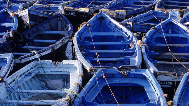 Blue fishing boats in a harbor