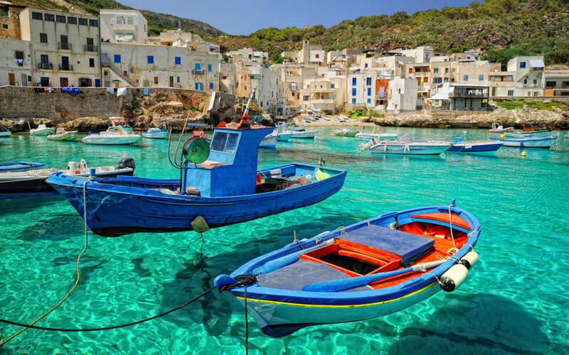 Blue Fishing Boats in Harbor