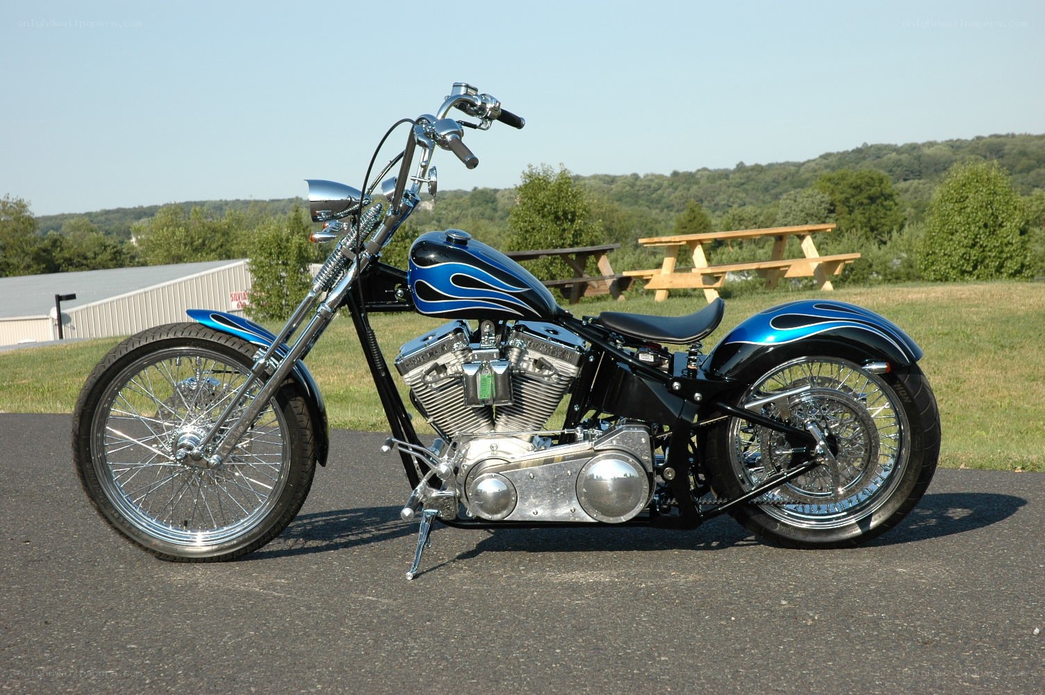 Blue flame custom chopper motorcycle