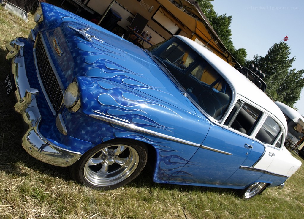 Blue flame-painted classic car