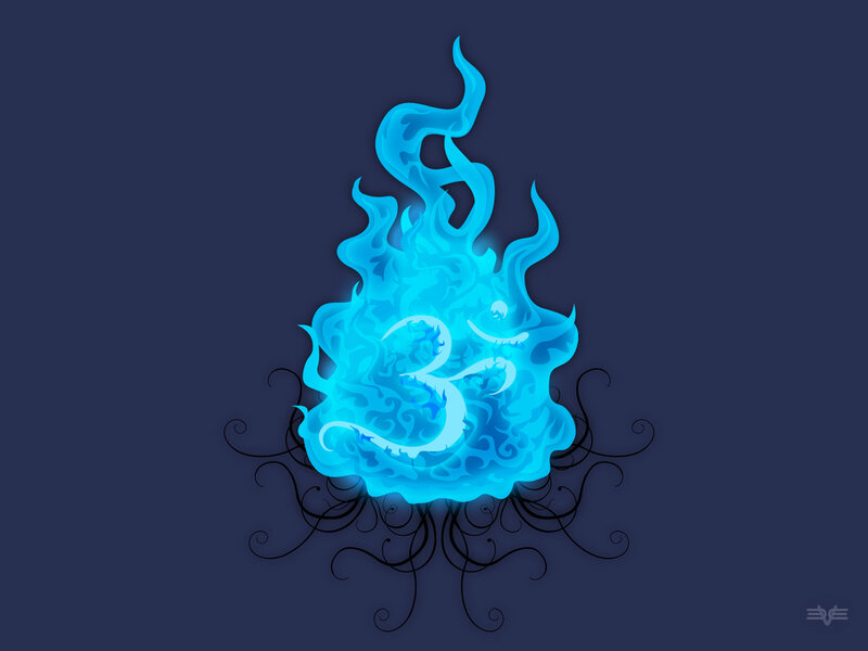 Blue Flame with Om Symbol — Mystical, Digital Art, Om Symbol, Swirls