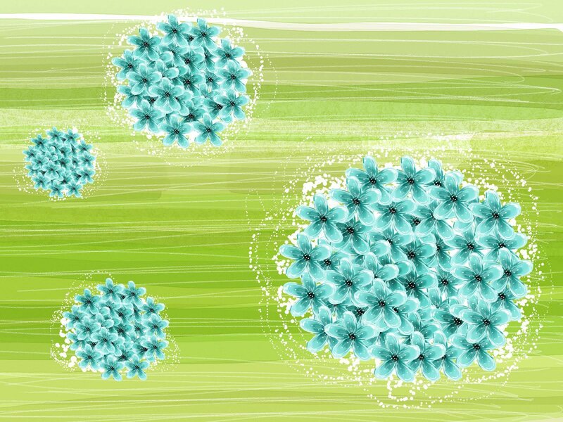 blue floral clusters on green