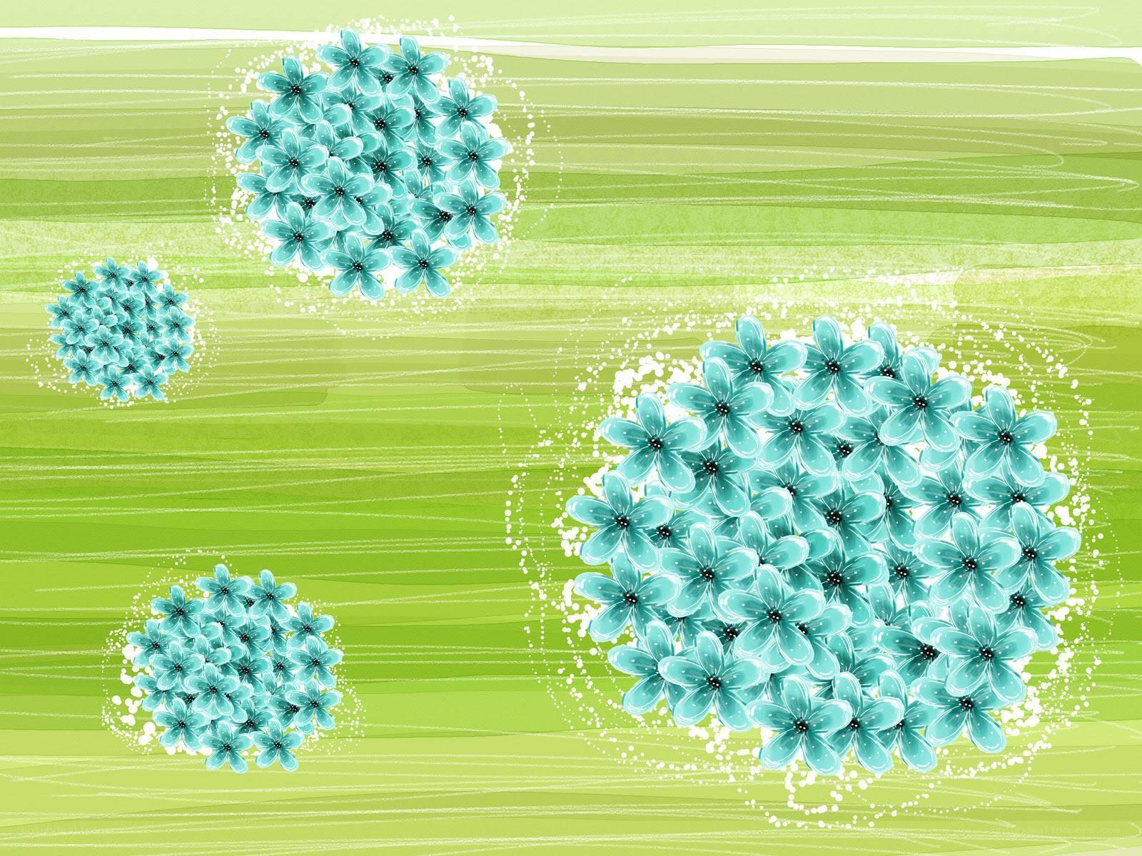 blue floral clusters on green