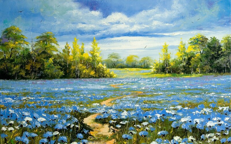 Blue flower field landscape
