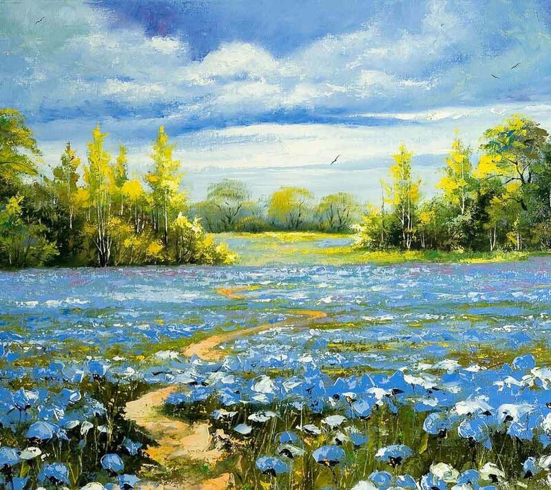 Blue Flower Field — Serene, Afternoon, Painting