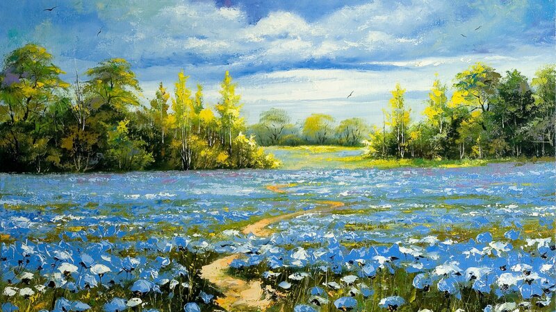 Blue Flower Field — Serene, Afternoon, Painting, Trees, Path, Sky, Birds, Green
