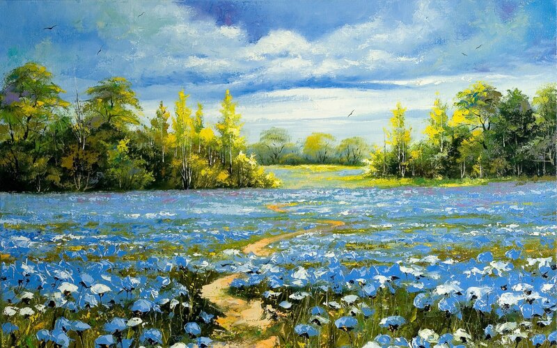 Blue Flower Field — Serene, Afternoon, Painting, Trees, Path