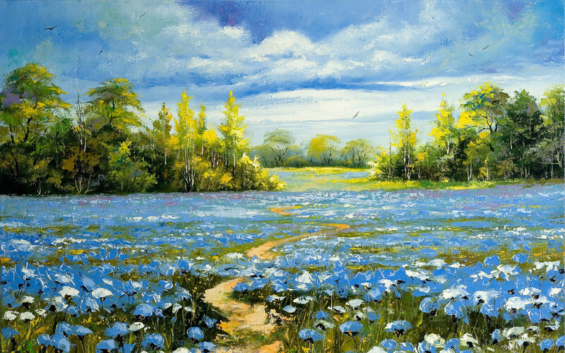 Blue Flower Field — Serene, Afternoon, Painting, Trees