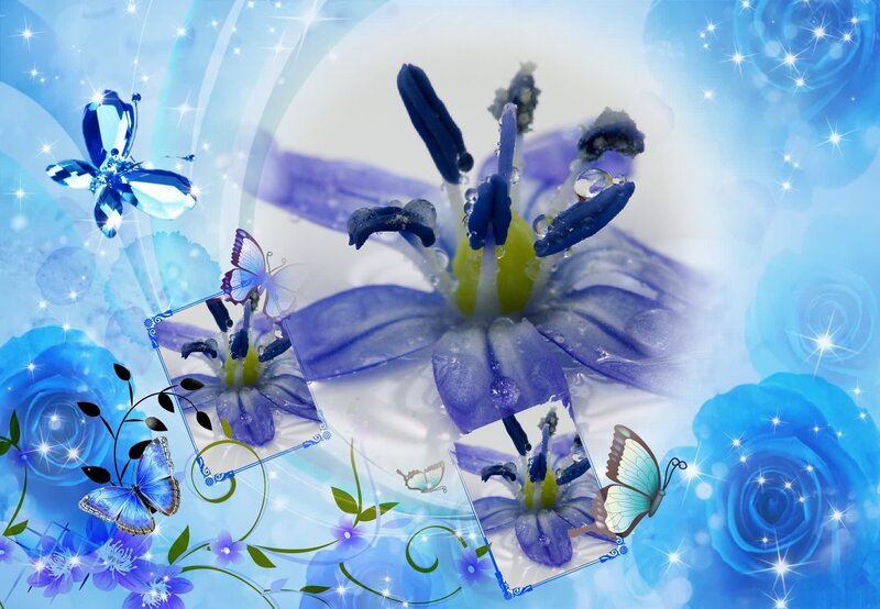 Blue Flower with Butterflies