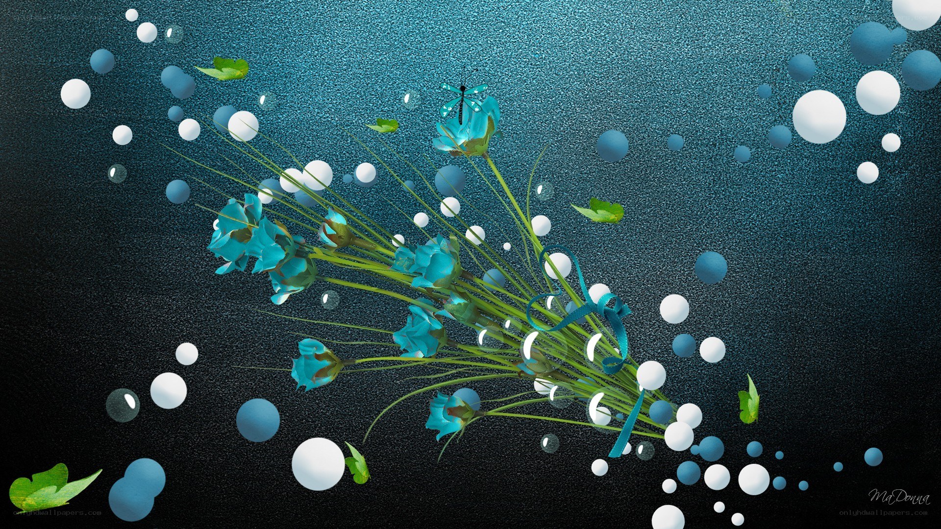 Blue flowers and bubbles underwater
