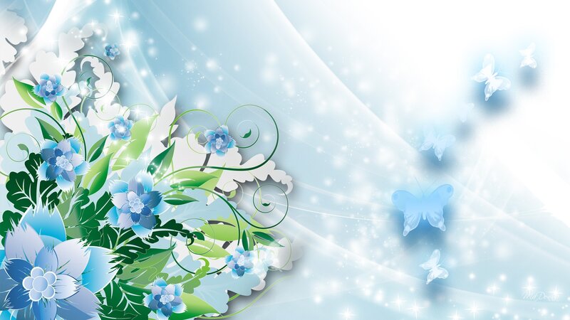 Blue Flowers and Butterflies — Serene, Digital Art