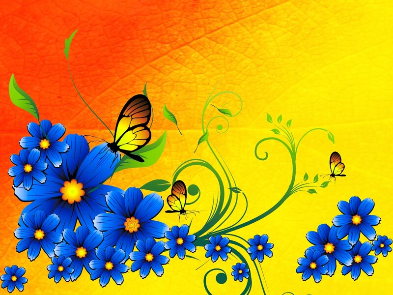 Blue Flowers and Butterflies — Vibrant, Digital Art
