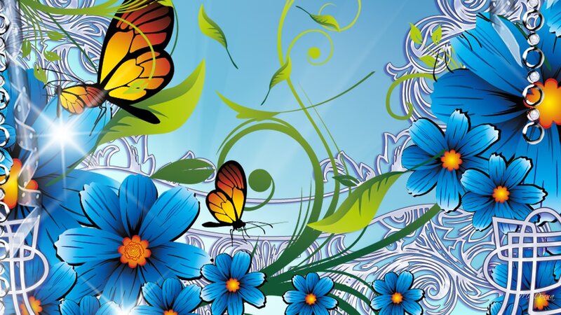 Blue Flowers and Butterflies — Vibrant