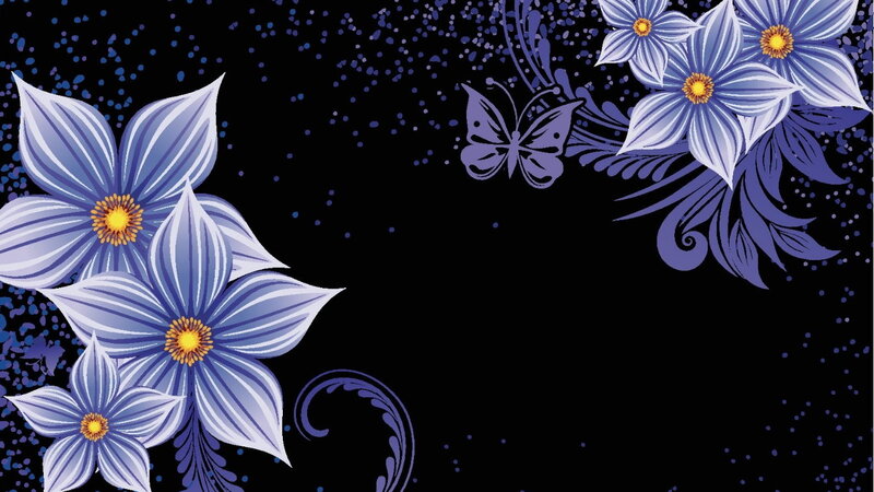 Blue Flowers and Butterfly — Black