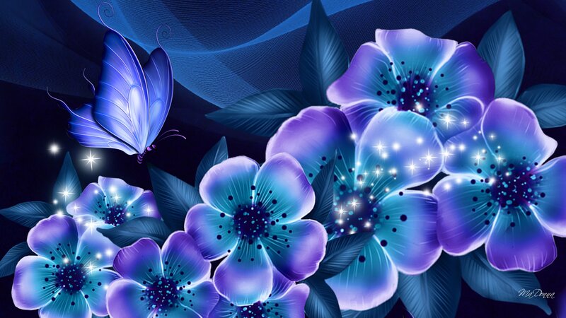 Blue Flowers and Butterfly — Dreamy