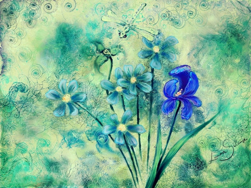 Blue flowers and dragonfly art