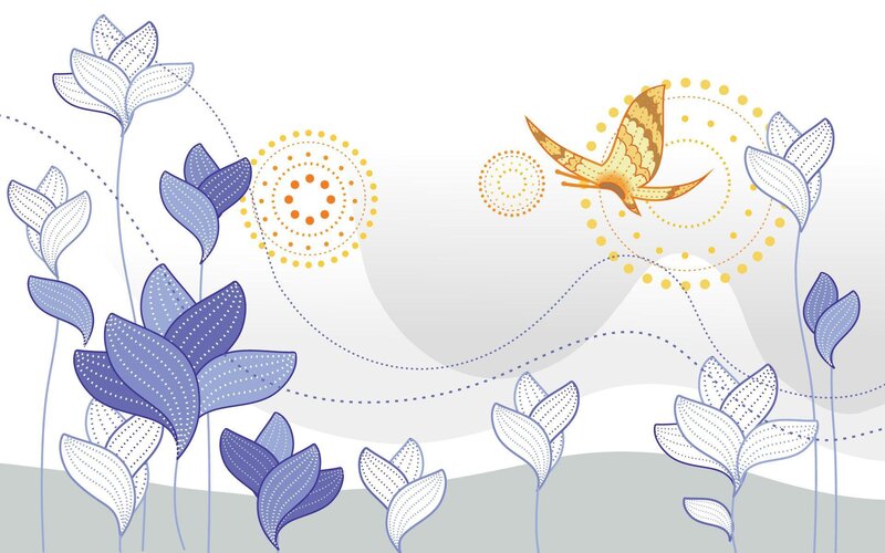 blue flowers and golden butterfly