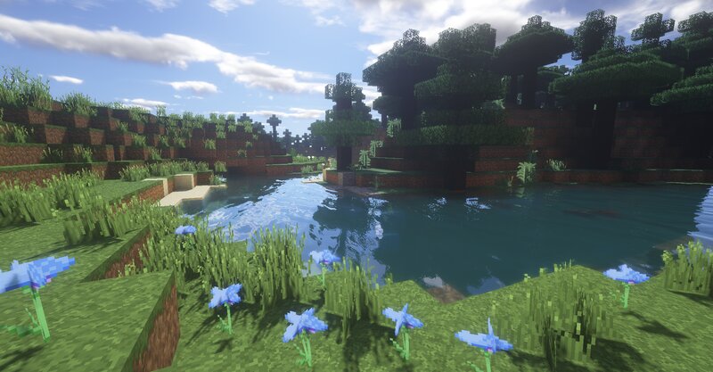 Blue Flowers by Pond — Green