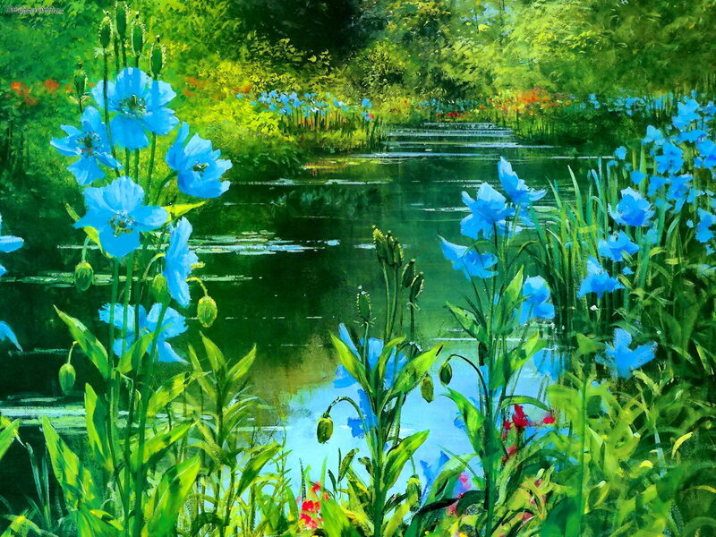 Blue Flowers by Pond — Serene, Afternoon