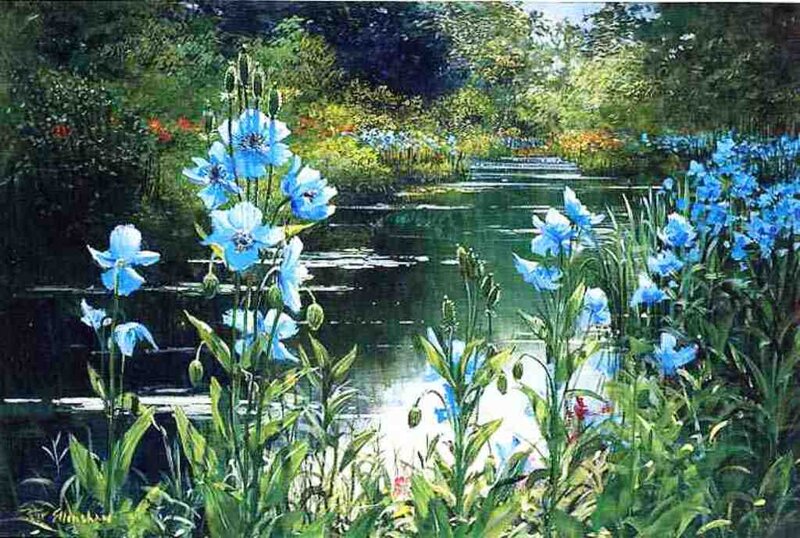 Blue Flowers by Pond — Serene
