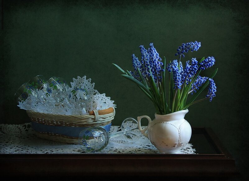 Blue Flowers in a Pitcher