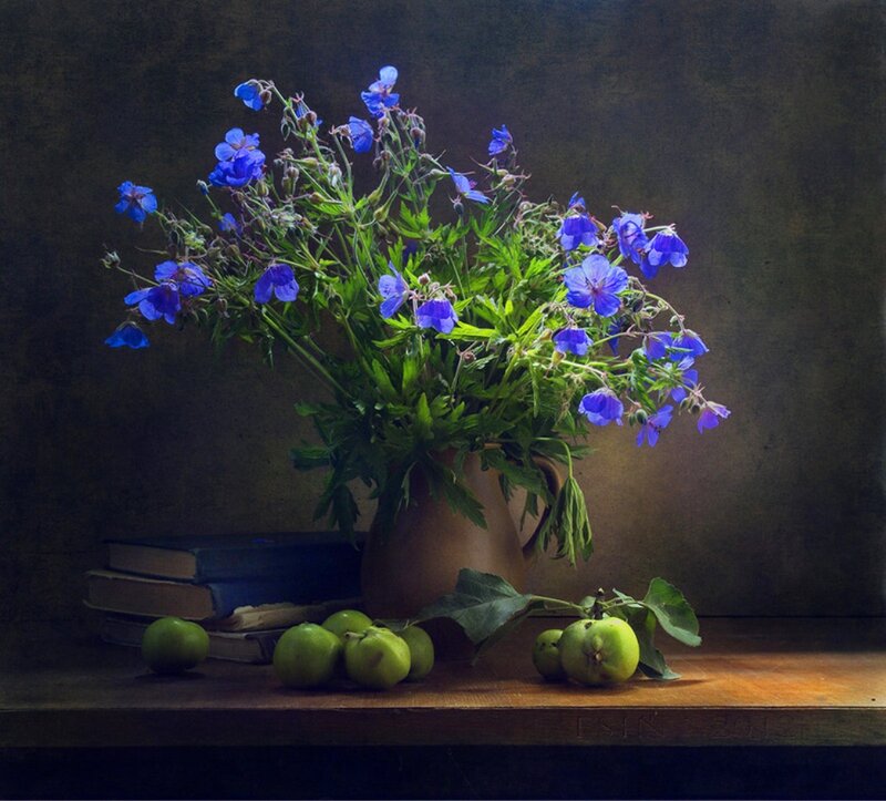 Blue Flowers in a Vase — Dramatic, Photograph, Apples