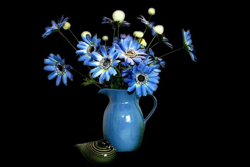 Blue Flowers in a Vase — Dramatic, Photograph
