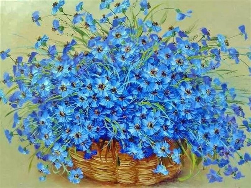 Blue Flowers in Basket — Calm, Painting