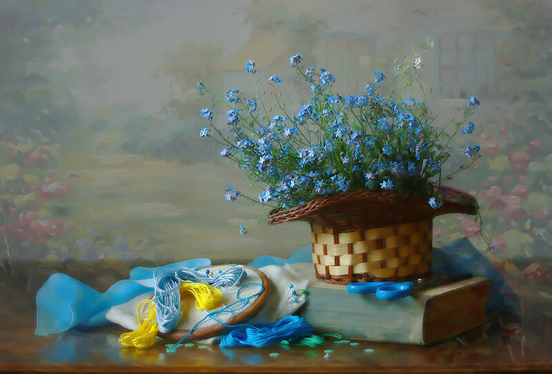 Blue Flowers in Basket — Serene