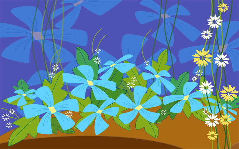 Blue Flowers in Garden — Calm, Illustration