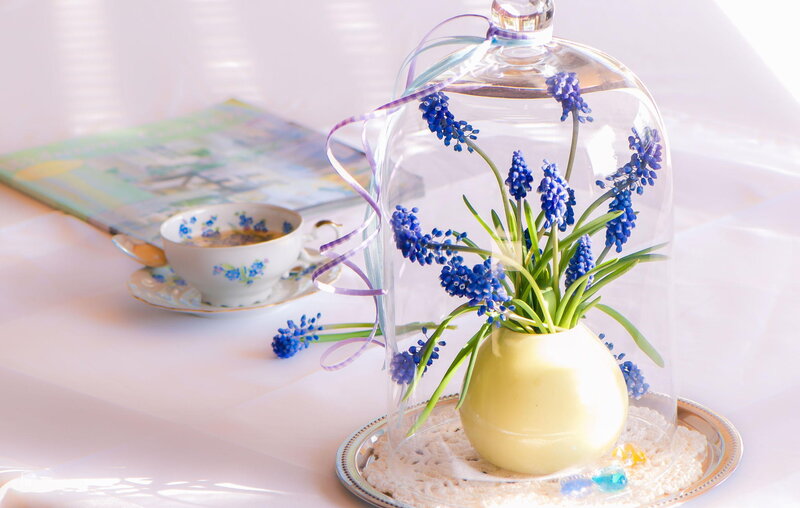 Blue Flowers in Glass Dome