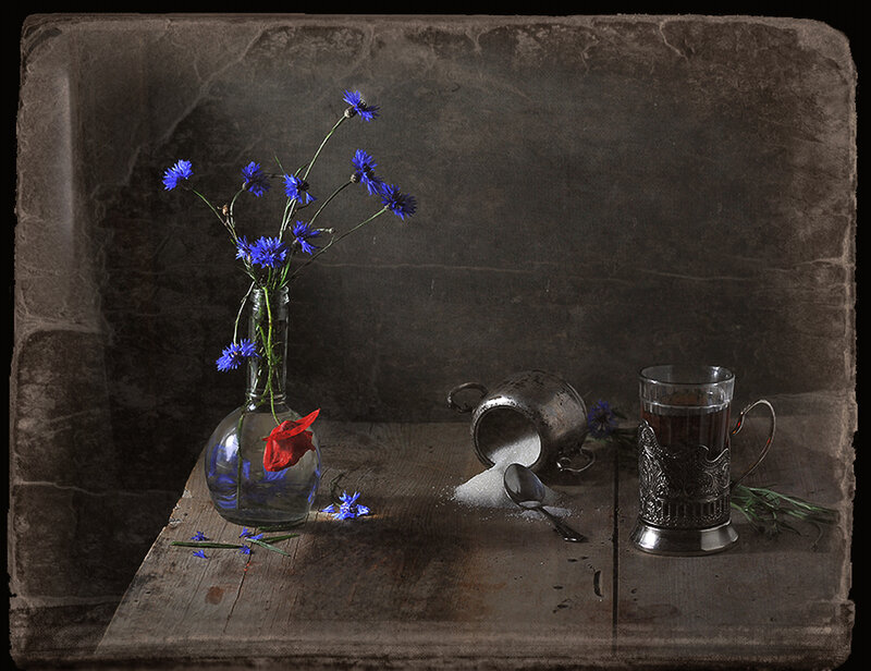 Blue Flowers in Vase — Brown, Dramatic