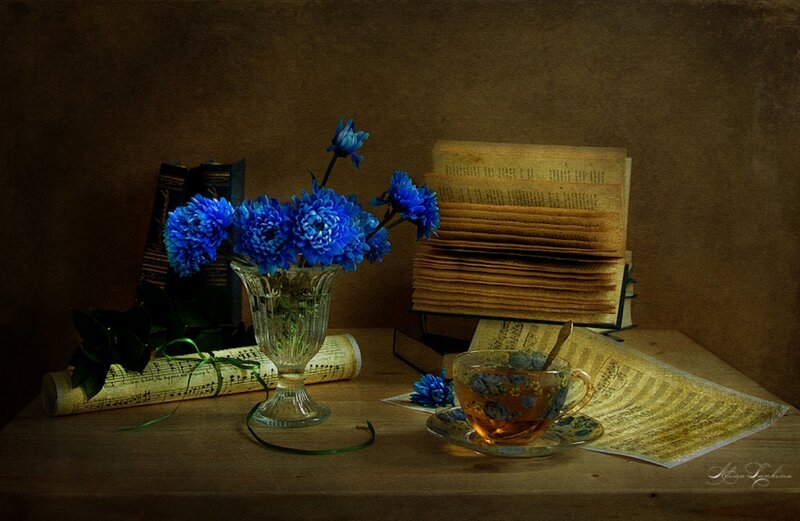Blue Flowers in Vase — Brown