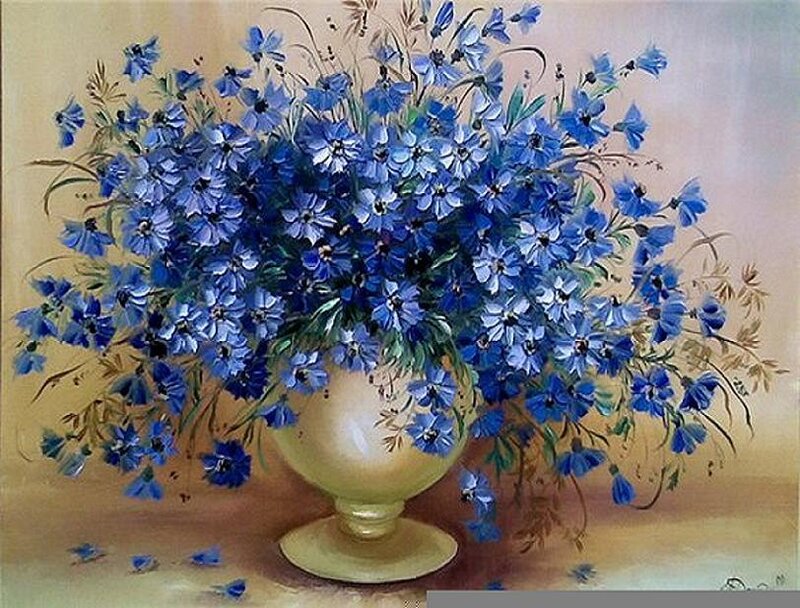 Blue Flowers in Vase — Calm, Painting