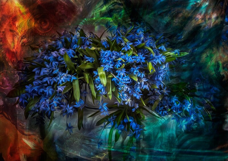 Blue Flowers in Vase — Dramatic, Digital Art