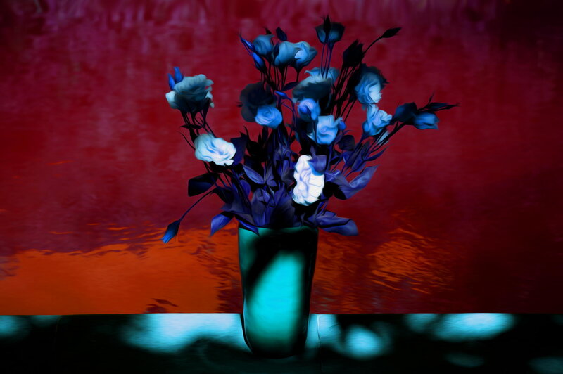 Blue Flowers in Vase — Red