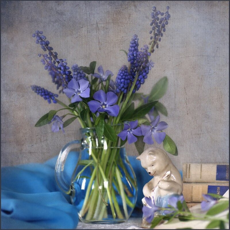 Blue Flowers in Vase — Serene, Photograph, Bear Figurine
