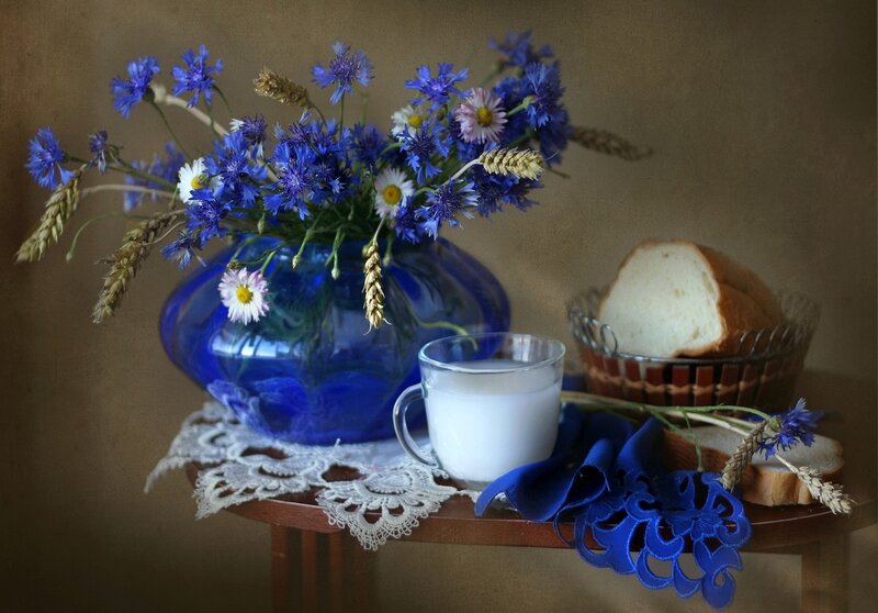 Blue Flowers in Vase — Serene, Photograph, Bread