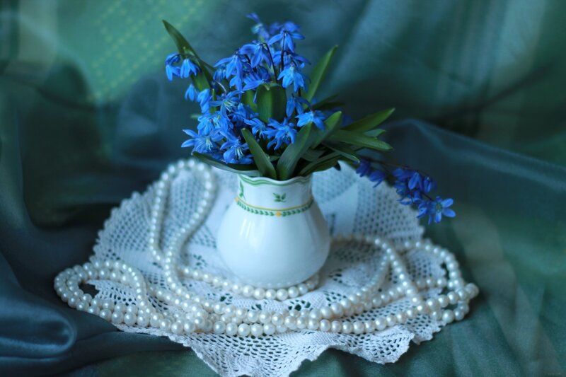 Blue Flowers in Vase — Serene, Photograph, Pearls