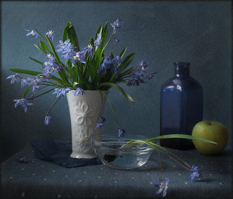 Blue Flowers in White Vase — Calm
