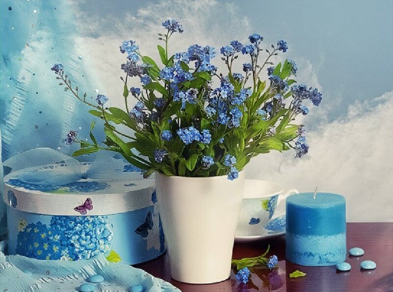 Blue Flowers in White Vase — Serene