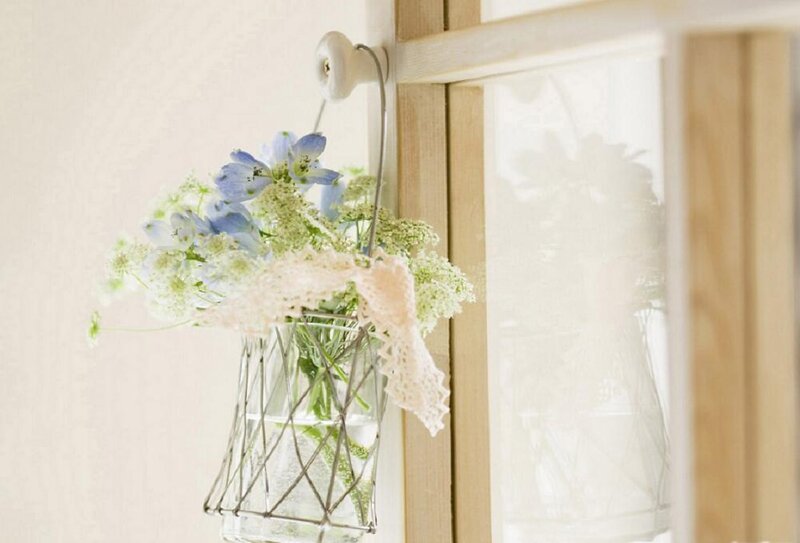 Blue Flowers in Wire Basket