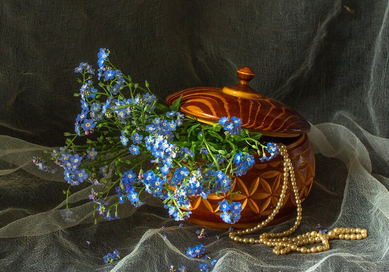 Blue Flowers in Wooden Box