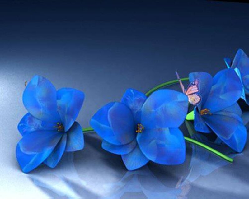 Blue Flowers with Butterfly — Serene, 3d Render